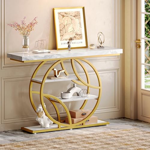 Huuger 47.2 Inch Entryway Table with Marble Top, Modern Console Sofa Table, Accent Table with Shelves, for Entry, Hallway, Entrance, Foyer, O-Shaped Metal Frame, White Marble & Gold Huuger