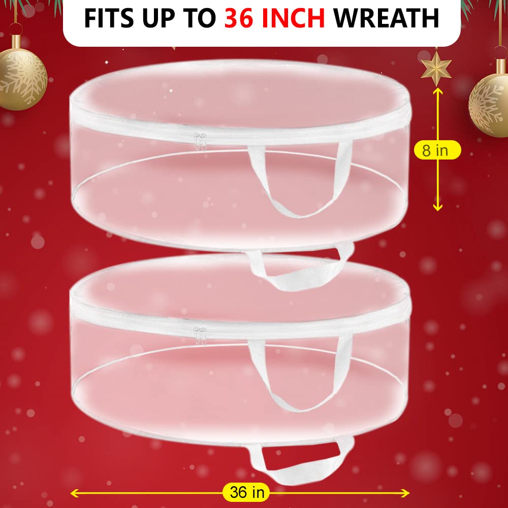 ProPik Christmas Wreath Storage Bag 36" - 2 Pack Clear Christmas Wreath Storage Container- Garland Artificial Holiday Wreath Storage Holder - Water Proof Transparent PVC with Handles (36 Inch, White)