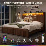 CypBed Queen Size Bed Frame with Headboard and Storage Drawers, Queen Bed Frame with LED Light and Charging Port, Farmhouse Wavy Wood Design, Wood & Metal Platform, Noise-Free, No Box Spring Needed CypBed