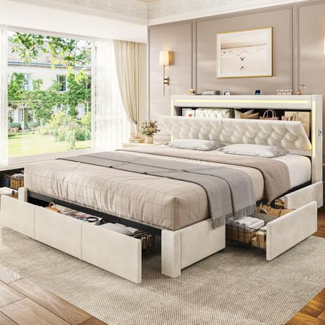 BTHFST King Upholstered LED Bed Frame with 5 Drawers, Velvet Hidden Storage Headboard with Charging Station, Button Tufted Headboard and Heavy Duty Metal Slats Support, No Box Spring Needed, Beige BTHFST