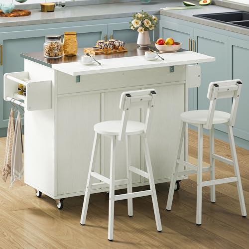 DWVO Kitchen Island with Seating, Mobile Kitchen Storage Island with Drop Leaf Countertop, Large Kitchen Island Table with Drawers, Cabinets, Bar Stools, Towel Rack and Spice Rack, White DWVO
