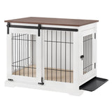 beeNbkks Dog Crate Furniture with Sliding Barn Door, Stylish Double Doors Wooden Kennel with Tray and Cushion, Decorative Indoor Pet House Side End Table for Medium Large Dogs beeNbkks
