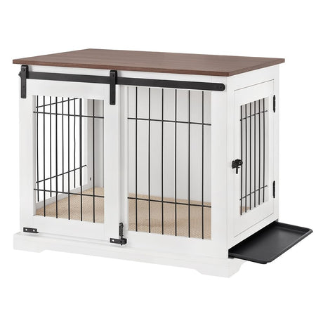beeNbkks Dog Crate Furniture with Sliding Barn Door, Stylish Double Doors Wooden Kennel with Tray and Cushion, Decorative Indoor Pet House Side End Table for Medium Large Dogs beeNbkks