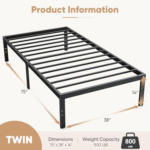 DUMOS Twin Size Bed Frame - Metal Platform Bed Frame Mattress Foundation with Steel Slat Support, No Box Spring Needed, Storage Space Under Base, Easy Assembly, Black DUMOS