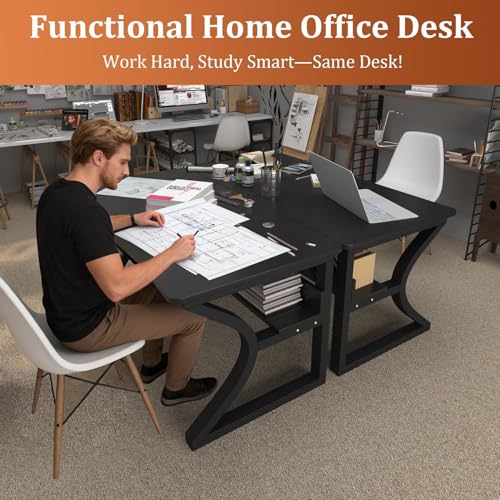 Aevum azn 55'' Computer Desk w/Storage & Cable Management, Home Office Desk w/Sturdy U-Shaped Metal Frame & Water-Resistant Scratchproof Surface, Study Writing Desk for Office & Bedroom, Black Aevum azn