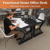 Aevum azn 55'' Computer Desk w/Storage & Cable Management, Home Office Desk w/Sturdy U-Shaped Metal Frame & Water-Resistant Scratchproof Surface, Study Writing Desk for Office & Bedroom, Black Aevum azn