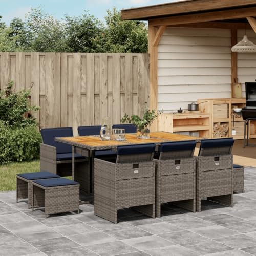 vidaXL 11 Piece Patio Dining Set with Cushions - Gray PE Rattan, Acacia Wood Tabletop, Foldable Chairs, and Stools - Ideal for Outdoor, Garden, and Patio - WoodArtSupply