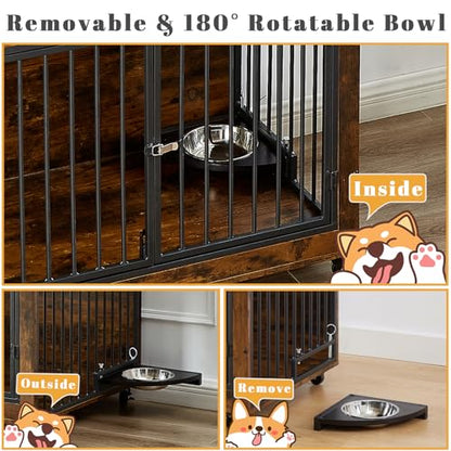 Yafylly 39 Inch Large Wooden Dog Crate Furniture with 180° Rotatable Bowl, Brown Multi-Functional Dog Crate End Table with Wheels, Furniture Dog Crate for Large Dogs with Flip-up Top Opening - WoodArtSupply