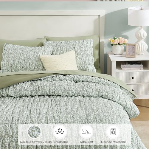 BLOOMHAVEN Full Size Comforter Sets-7 Pieces Puff Sage Green Floral Bedding Set for All Seasons, Shabby Chic Farmhouse Bed in a Bag Full with Floral Comforter, Sheets, Pillowcases & Shams BLOOMHAVEN
