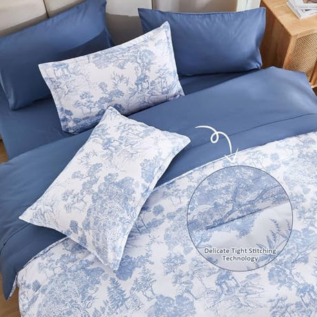 DJY Blue Comforter Set Queen, 7 Pieces Bed in a Bag Queen Size Botanical Comforters with Sheets Elegant Plants Print Soft Microfiber Reversible Complete Bedding Sets for All Season DJY