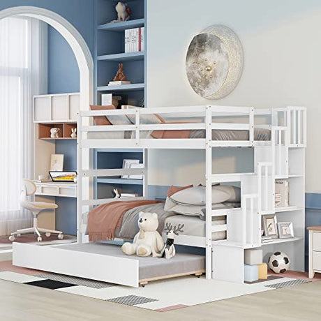 Twin Over Twin Bunk Bed with Trundle,Solid Wood Bunk Beds with Storage Stairs,Bunk Bed Twin Size with Stairs for Kids,Teens,Adults,White Bellemave