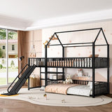 Bellemave Twin Over Twin Bunk Bed with Slide, Kids House Floor Bunk Bed with Storage Stairs and Full Length Guardrail, Heavy Duty Bunk Beds for Girls, Boys, Black Bellemave