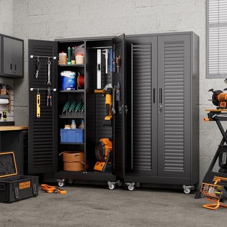 Aobabo Lockable Metal Storage Cabinet with 4 Adjuatable Shelves,Garage Storage Cabinet with Wheels and 5 Remove Pegboard,Required Assembly,Black,70.87''H*31.5''W*15.75''D Aobabo