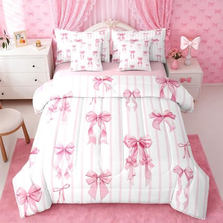 Erosebridal Pink Ribbon Bowknot Bed in A Bag with Sheets for Girls Kids Teens Women Princess Satin Bow Queen Comforter Set 7 Piece Kawaii Coquette Bedding Set Pink Stripes Bed Set Erosebridal
