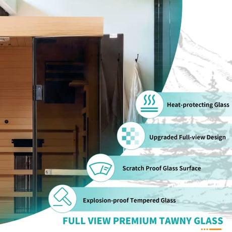 SWHSE 1-2 Person Infrared Sauna 15 Minutes Pre-Warm up Far Infrared Sauna for Home with 7 Colors Chromo Therapy Lighting and Full View Tempered Glass,2-in-1 Towel Holder SWHSE