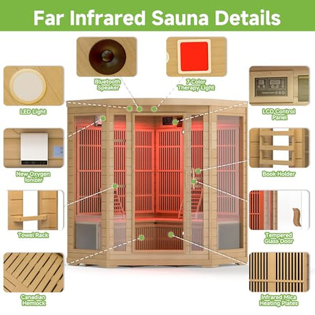 RESTISLAND Infrared Sauna Room for Home, 4 Person Indoor Home Sauna Spa, Far Infrared Canadian Wooden Corner Saunas with 10 Low Emf Heaters, Bluetooth Speakers, 7 Color Chromotherapy Lights RESTISLAND