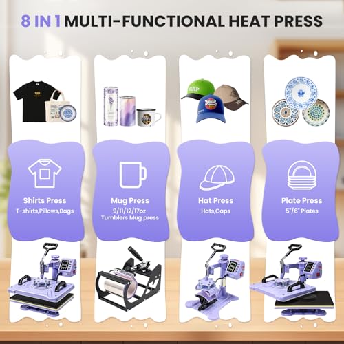 AKEYDIY Heat Press 15x12 Inch, 8 in 1 Heat Press Machine for T-Shirts Hat Cap Mug Plate, 360° Swing Away Shirt Pressing Machine, Sublimation Heat Transfer Machine with Tumbler Press Hat Press, Purple AKEYDIY