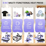 AKEYDIY Heat Press 15x12 Inch, 8 in 1 Heat Press Machine for T-Shirts Hat Cap Mug Plate, 360° Swing Away Shirt Pressing Machine, Sublimation Heat Transfer Machine with Tumbler Press Hat Press, Purple AKEYDIY