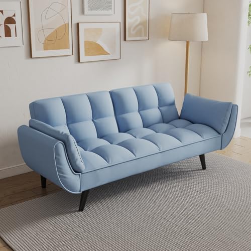 Majnesvon Velvet Futon Sofa Couch Bed with 2 Pillows, Convertible Folding Futon Couch with Adjustable Backrest, Love Seat Sleeper Sofa Bed for Small Spaces, Living Room, Office, Apartment (Blue) Majnesvon