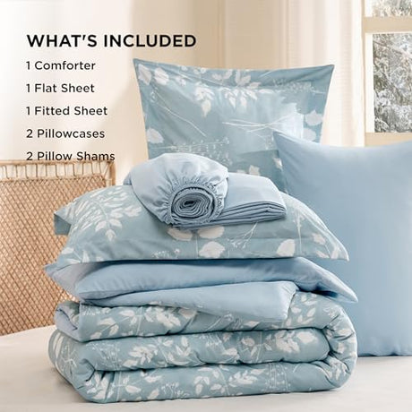 Bedsure Sky Blue Queen Comforter Set - 7 Pieces Floral Bedding Sets, Queen Bed in a Bag with Reversible Botanical Flowers Comforter, Sheets, Pillowcases & Shams Bedsure