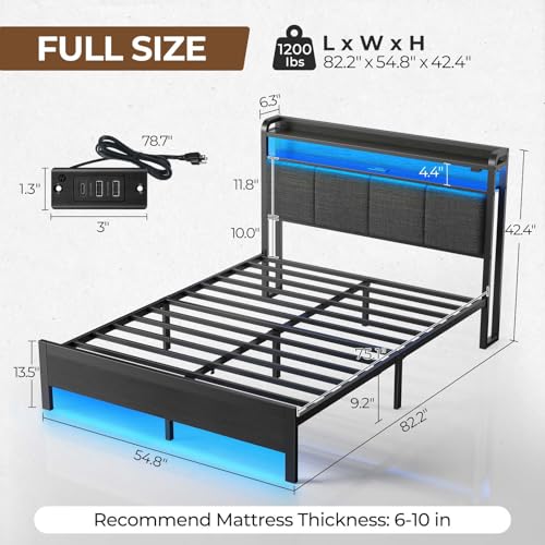 Rolanstar Bed Frame Twin Size with Charging Station and LED Lights, Upholstered Headboard with Storage Shelves, Heavy Duty Metal Slats, No Box Spring Need, Noise Free, Easy Assembly, Dark Grey Rolanstar