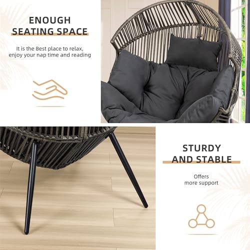 Vongrasig Outdoor Wicker Egg Chair PE Rattan Chair with Cushion, Oversized Patio Lounge Chair for Outdoor, Indoor, Balcony, Backyard, Garden, Black/Rattan Vongrasig