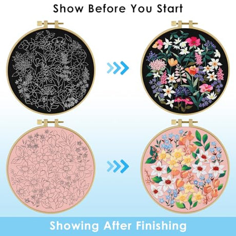 ERKOON Embroidery Kit for Beginners, 2 Set Floral Cross Stitch Set Include Embroidery Cloth Hoops Threads for Craft Lover Hand Stitch with Embroidery Skill Techniques (Flower) ERKOON