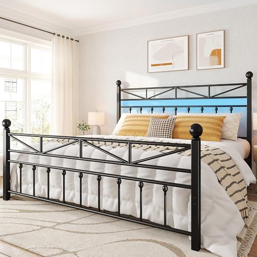 EnHomee 54" Metal King Bed Frame with Tall Headboard & Footboard, LED Light King Bed Frame, Strong Metal Slats Support and Noise-Free Design with Under Bed Storage/No Box Spring Needed/Black EnHomee