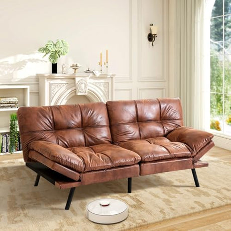 MUUEGM Brown Futon Sofa Bed Leather Memory Foam Modern Office Couch Sleeper Bed Convertible Love seat Sofa for Small Spaces,Apartment,Office with Adjustable Armrest Backrest MUUEGM