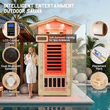 Albott Outdoor Sauna 1 Person, Infrared Saunas for Home, Low EMF 110V Spruce Wood Dry Sauna with Tourmaline Stone Foot Warmer, 7-Color Light Therapy & 2 Bluetooth Speakers, 33.5"x35.4"x78.7" Albott