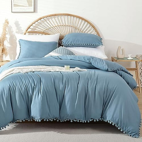 YIRDDEO Queen Comforter Set - Comforter Queen Size Sets with Ball Pom Fringe, Soft Bedding Set for All Seasons - 3 Pieces, 1 Comforter (90"x90") & 2 Pillow Shams (20"x26"), Dusty Blue YIRDDEO