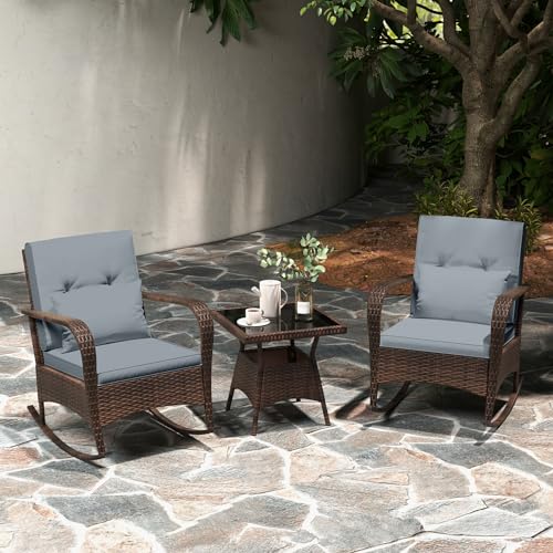 Tangkula 3 Pieces Rocking Bistro Set, Patiojoy Outdoor PE Rattan Rocker Chairs with Removable Cushions & Tempered Glass Top Coffee Table, Outdoor Wicker Furniture Set for Porch, Garden (Grey) Tangkula