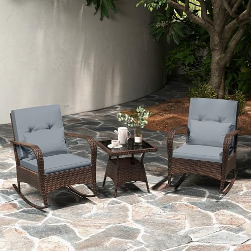 Tangkula 3 Pieces Rocking Bistro Set, Patiojoy Outdoor PE Rattan Rocker Chairs with Removable Cushions & Tempered Glass Top Coffee Table, Outdoor Wicker Furniture Set for Porch, Garden (Grey) - WoodArtSupply