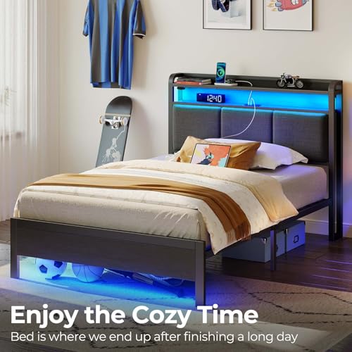 Rolanstar Bed Frame Twin Size with Charging Station and LED Lights, Upholstered Headboard with Storage Shelves, Heavy Duty Metal Slats, No Box Spring Need, Noise Free, Easy Assembly, Dark Grey Rolanstar
