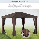 Outsunny 10' x 12' Hardtop Gazebo with Curtains and Netting, Permanent Pavilion Metal Single Roof Gazebo Canopy with Aluminum Frame and Hooks, for Garden, Patio, Backyard, Brown Outsunny