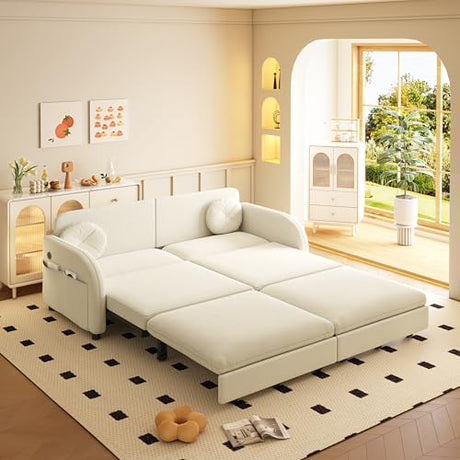 LuxyHoom 65.4'' Pull Out Couch Bed Queen Size, Chenille Sleeper Sofa Daybed, 3 in 1 Convertible Couches, Futon Sofa with 2 Pillows, Storage Pockets, USB, Loveseat for Small Spaces, Living Room, Beige LuxyHoom