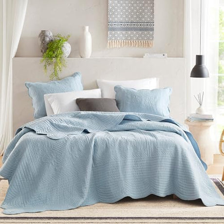 Madison Park King Quilt Set Damask Coverlet Set for King Size Bed, Cottage Oversized Quilt Set, Scallop Edge, All Season, Pre-Washed Cotton-Filled King Size Quilt, Tuscany, King/Cal King Blue 3 Piece Madison Park