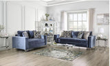 MASARA Contemporary Satin Blue Microfiber Sofa, 96 inch with Chrome Legs, Track Arms, Silver Accent Pillows MASARA