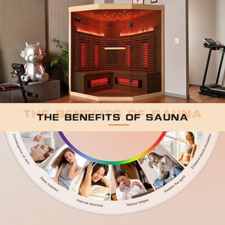 SWHSE 3-4 Person Corner Infrared Sauna- Luxury Home Sauna Spa Room with Himalayan Salt Therapy, Canadian Hemlock&Panoramic Tempered Glass,220V SWHSE