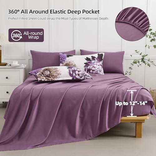 DJY Purple Comforter Set King, 7 Piece Floral Comforter Set with Sheets Elegant Flower Print Bed in a Bag Soft Microfiber Complete Bedding Set for All Season DJY