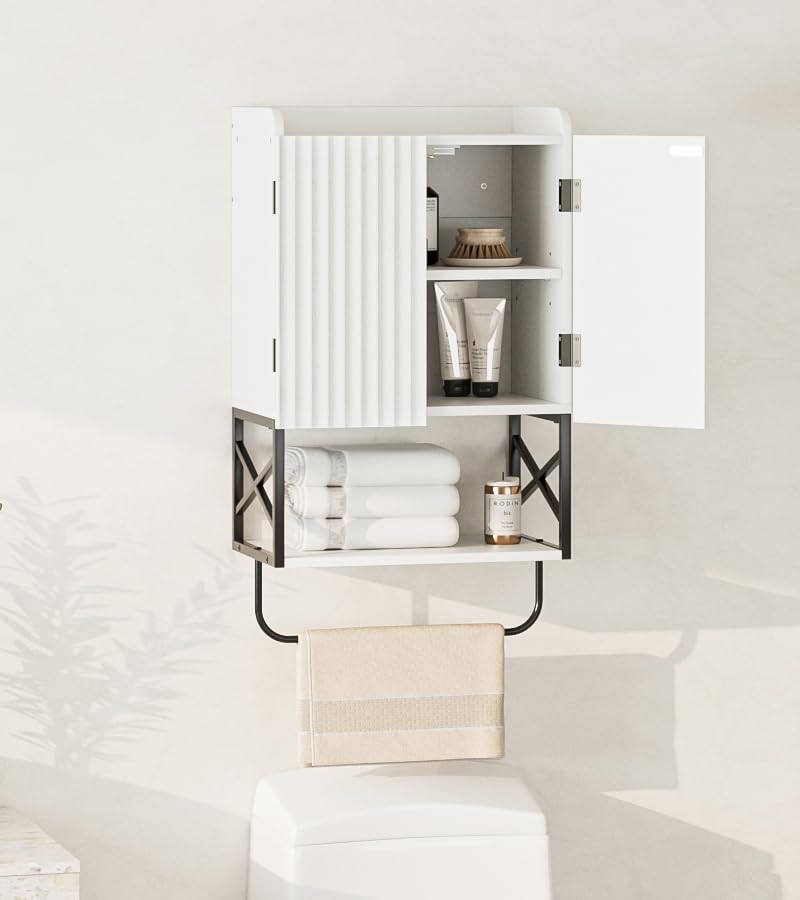 Masupu Fluted Bathroom Wall Cabinet, Small Hanging Bathroom Cabinet with Adjustable Shelf and Magnetic Latch Doors, Wood Wall Mounted Cabinets for Laundry, White Masupu