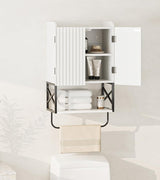 Masupu Fluted Bathroom Wall Cabinet, Small Hanging Bathroom Cabinet with Adjustable Shelf and Magnetic Latch Doors, Wood Wall Mounted Cabinets for Laundry, White Masupu