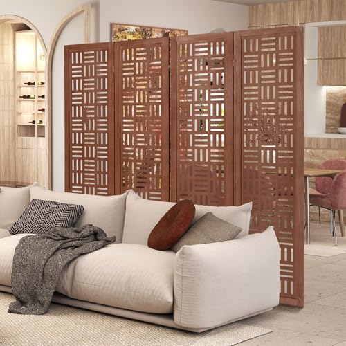 Giantex 4 Panels Room Divider - Folding Room Dividers with Carved Cutout Pattern & Solid Wood Frame, Fully Assembled, 5.5FT Antique Partition Privacy Screen Wall Divider for Room Separation, Brown Giantex