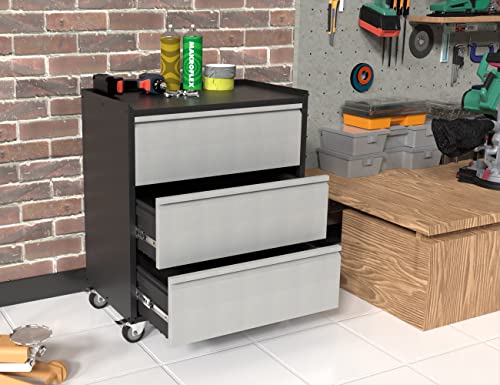 Aobabo Tool Storage Garage Cabinet with Wheels, 3 Drawer Tool Chest Rolling Metal Storage Cabinet on Wheels, Assembly Required, Black/Gray - WoodArtSupply