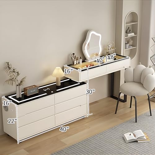 ZGNBSD Smart Vanity Table with Drawers - Vanity Set | Equipped with Charging Station & Speaker | Multi-Layer Solid Wood Material | Includes LED Makeup Mirror and Chair ZGNBSD
