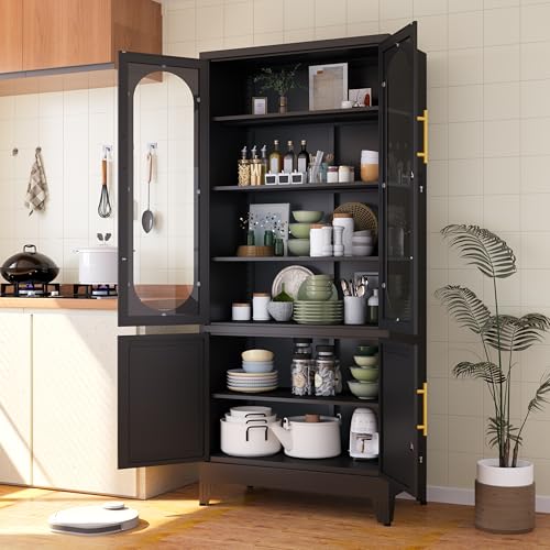 Lusiwry 71”H Metal Storage Cabinet with Lock Glass Doors and Shelves,Steel Garage File Cabinets, Kitchen Pantry Cabinet Tall Locker Organizer for Home, Office, Warehouse,Tool（Black） Lusiwry