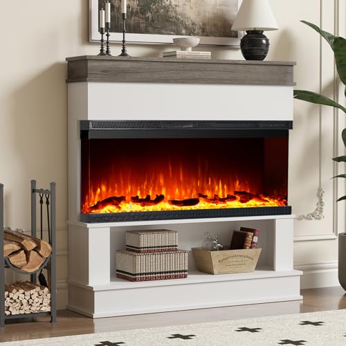 3-Sided View Electric Fireplace Insert - Freestanding Fireplace Minimalist Mantel - 12 Color Flame Effect - 1500/750 Watt Heater - Remote Control - Log & Crystals(40", White, Open Storage) Maxhonor