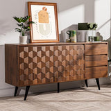 Bme 61'' Mid Century Modern Cabinet with Geometric Pattern for Kitchen, Dining, Living Room Sideboard Georgina Solid Wood 2 Doors & 3 Drawers, Walnut Bme