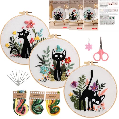 Konrisa 3pcs Embroidery Kits for Beginners Creative Black Cat and Flower Pattern Cross Stitch Practice Kit DIY Sewing Needlepoint, Include 1pcs Hoop