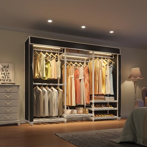 VIPEK V5L Garment Rack Heavy Duty Covered Clothes Rack with Dimmable LED Lights, 3000K Warm White, Portable Closet Wardrobe Freestanding Clothing Rack for Hanging Clothes, White Rack with Black Cover VIPEK